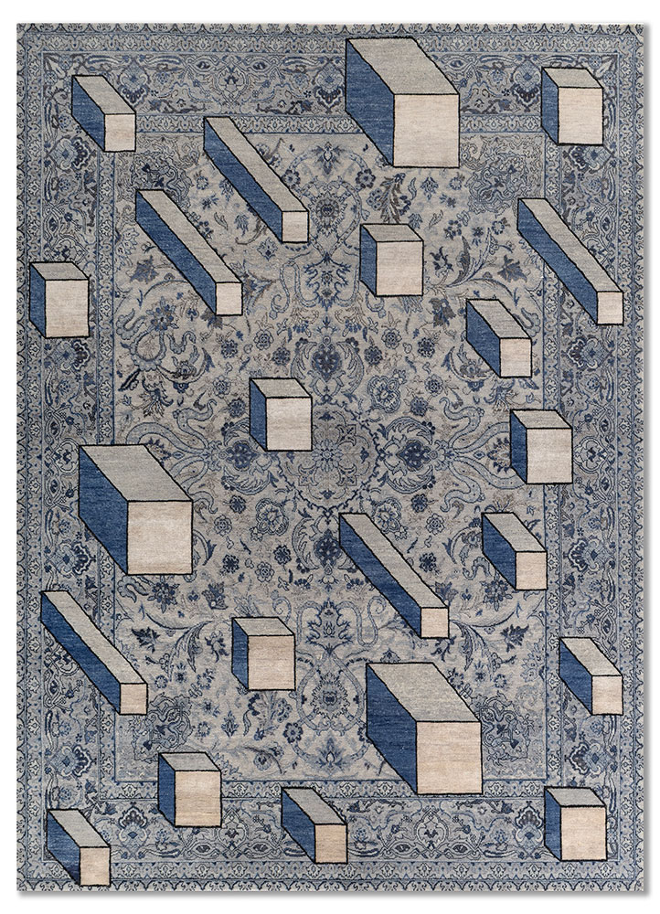 playing with tradition blue wool and silk hand knotted Rug - HeadShot