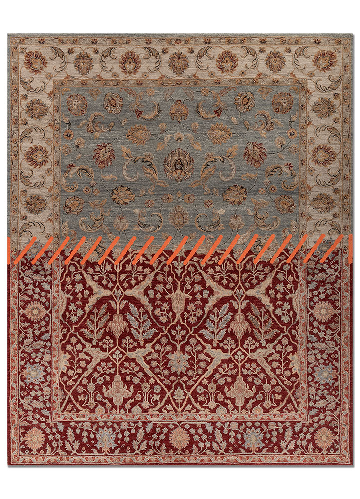 playing with tradition red and orange wool and silk hand knotted Rug - HeadShot