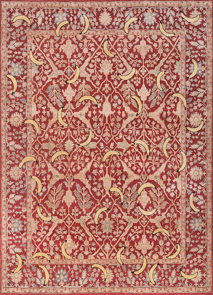 playing with tradition red and orange wool and silk hand knotted Rug - HeadShot
