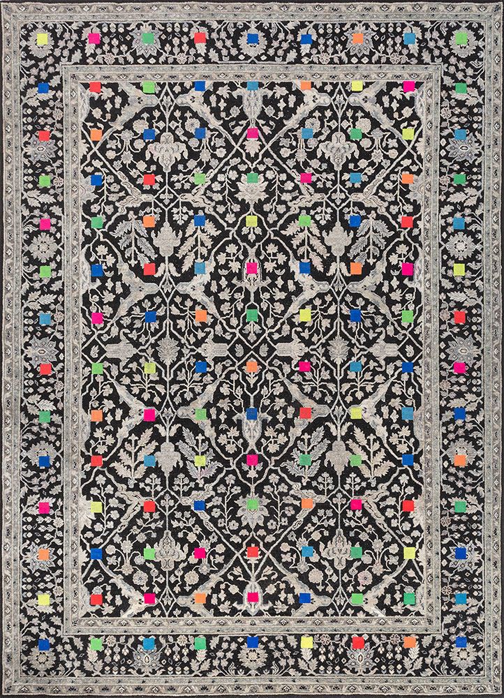 playing with tradition grey and black wool and silk hand knotted Rug - HeadShot