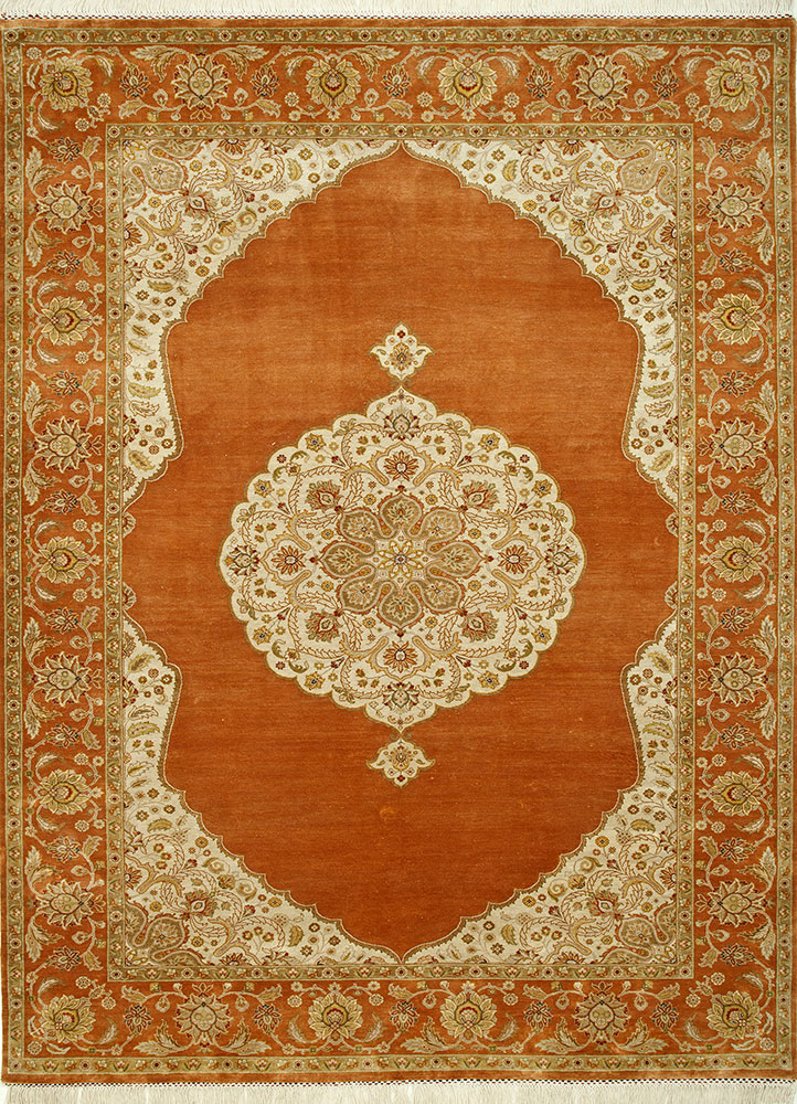 gulmarg red and orange silk hand knotted Rug - HeadShot