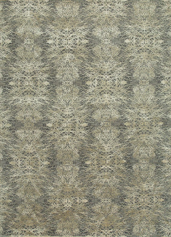 far east grey and black wool and silk hand knotted Rug - HeadShot