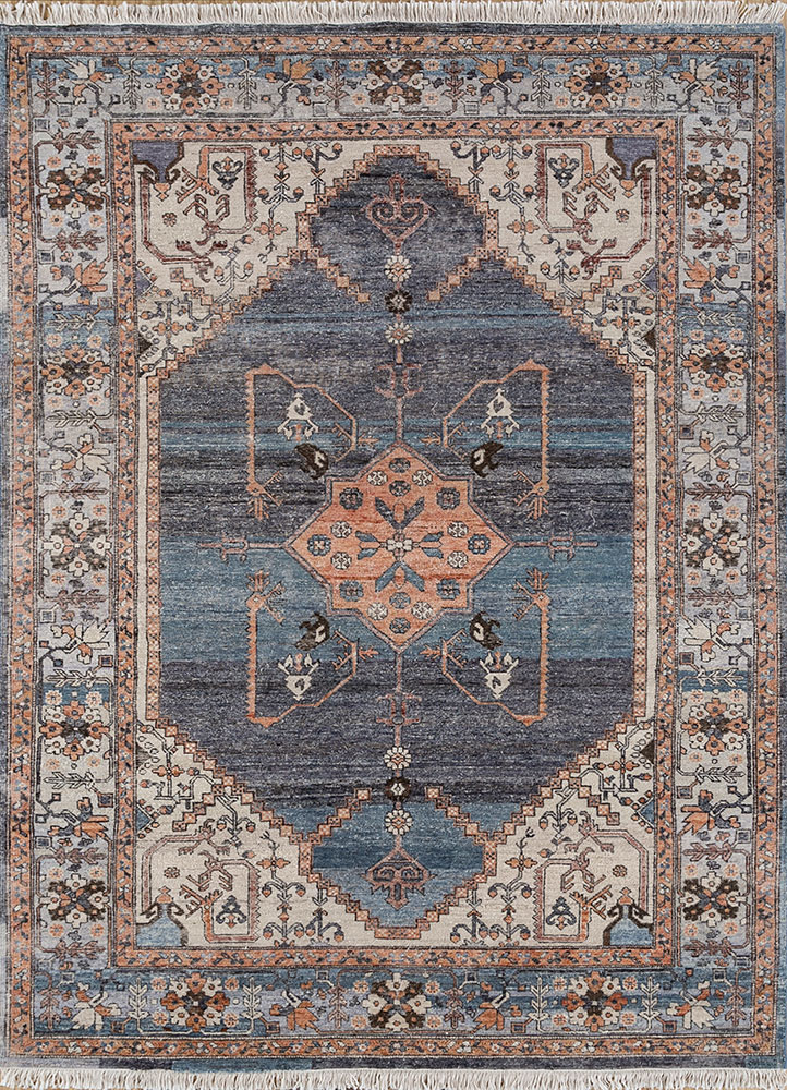 thyme blue afghan wool hand knotted Rug - HeadShot