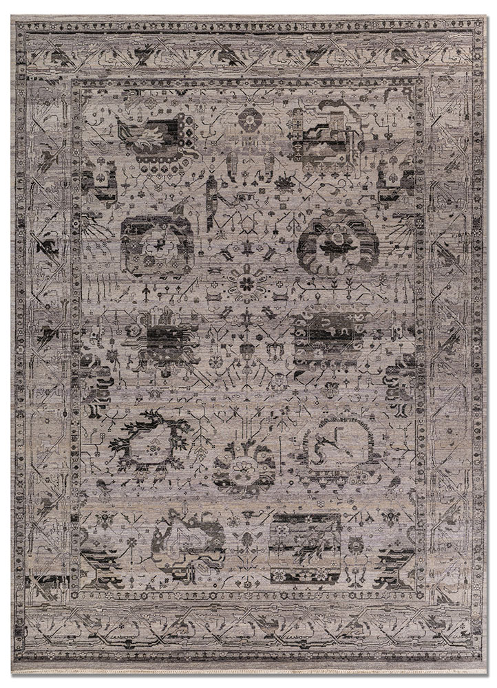 someplace in time grey and black afghan wool hand knotted Rug - HeadShot