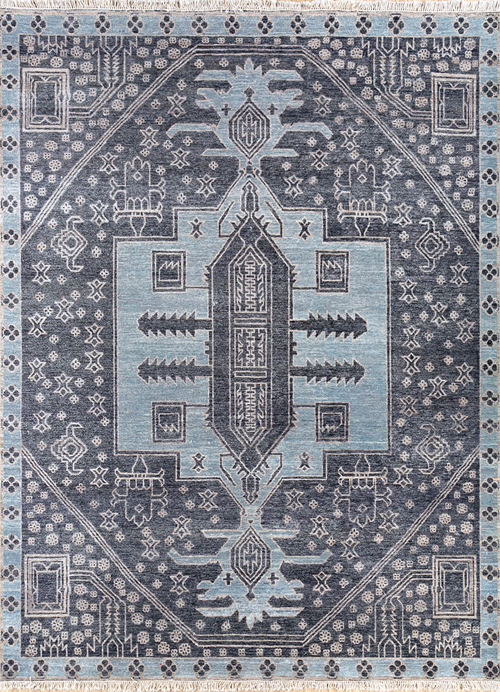 thyme blue afghan wool hand knotted Rug - HeadShot