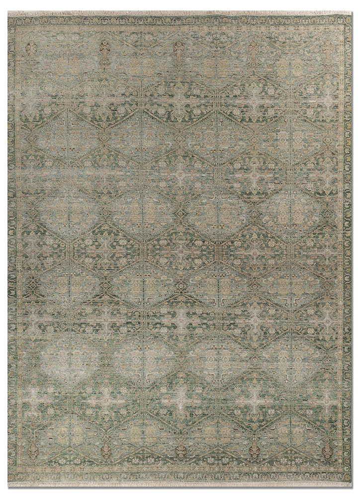 someplace in time green afghan wool hand knotted Rug - HeadShot