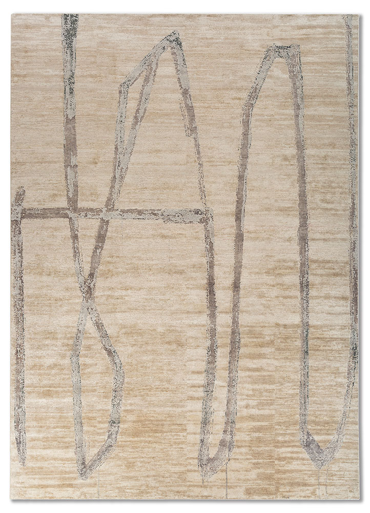 entropy ivory wool and silk hand knotted Rug - HeadShot