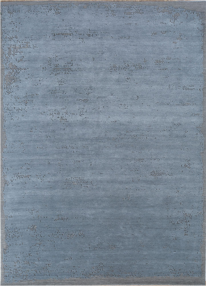 urban pause by kavi blue wool and silk hand knotted Rug - HeadShot