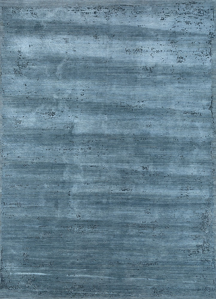 urban pause by kavi blue wool and silk hand knotted Rug - HeadShot