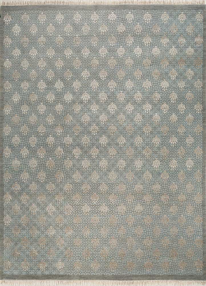 inde rose blue wool and silk hand knotted Rug - HeadShot