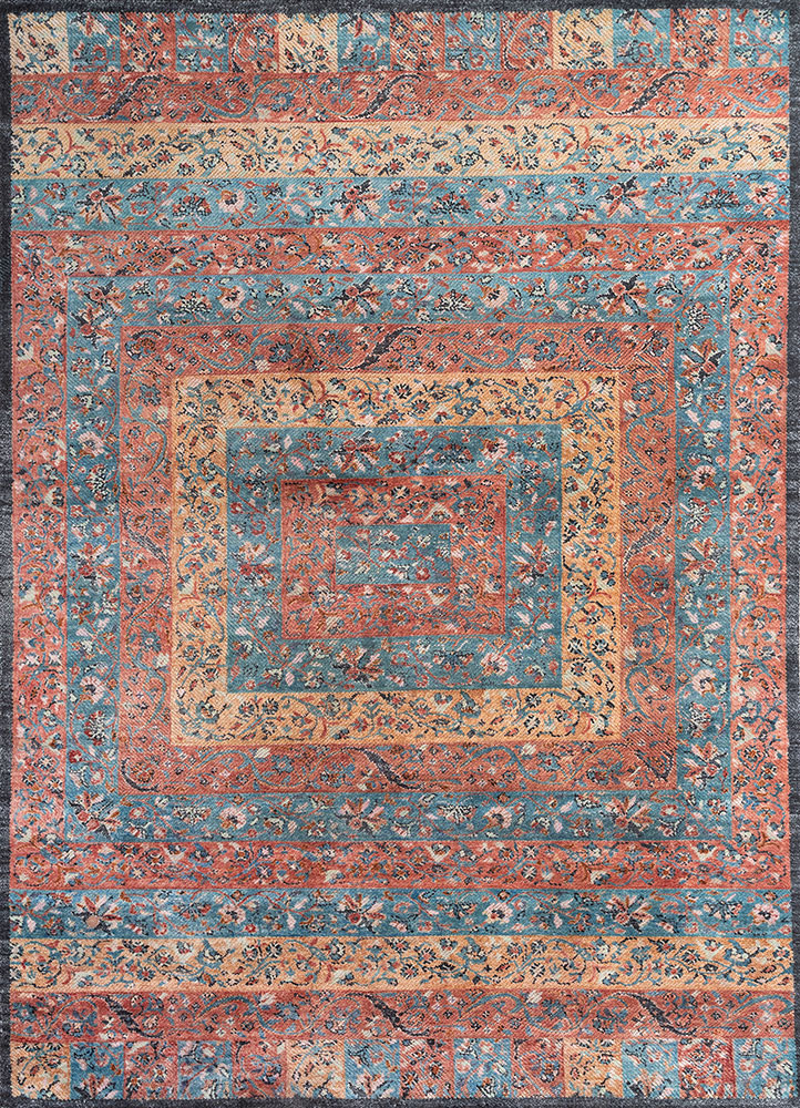 far pavilions red and orange wool and silk hand knotted Rug - HeadShot