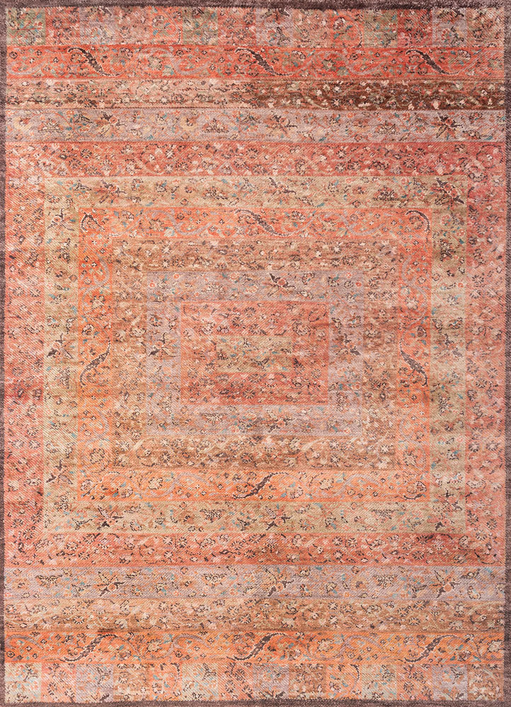 far pavilions red and orange wool and silk hand knotted Rug - HeadShot