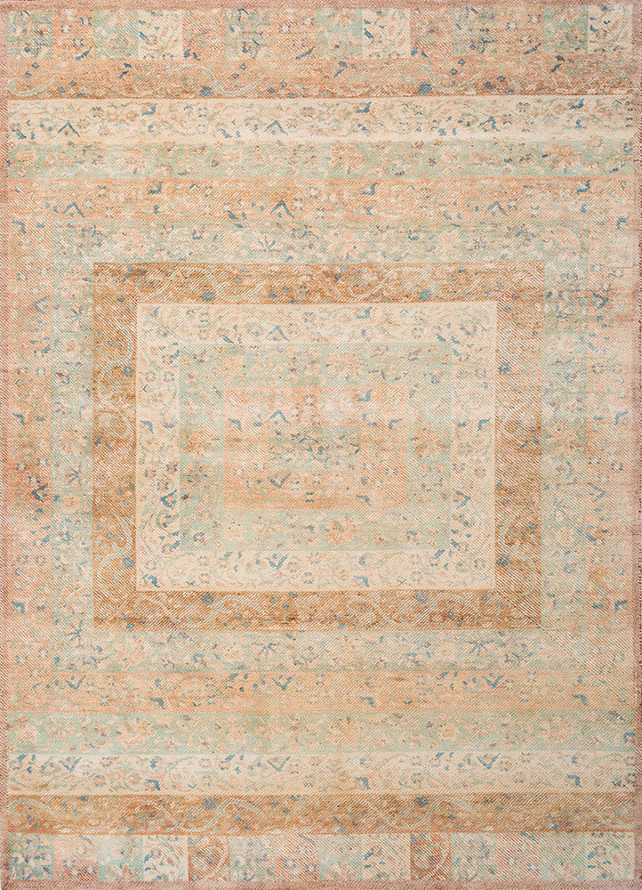 far pavilions red and orange wool and silk hand knotted Rug - HeadShot