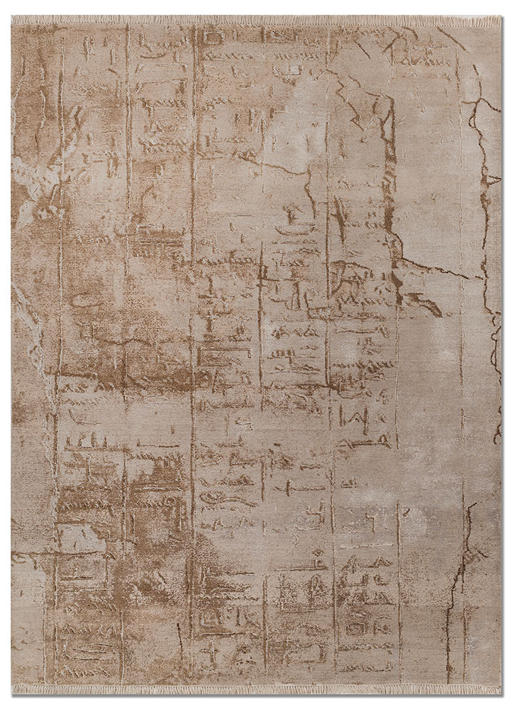 script beige and brown wool and bamboo silk hand knotted Rug - HeadShot