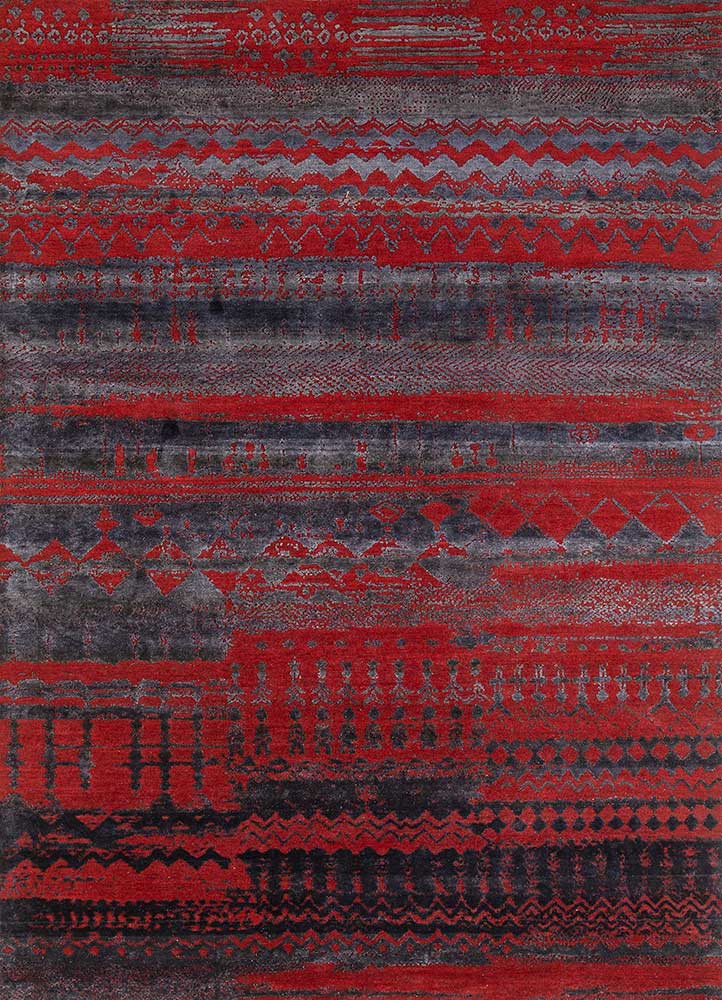 project error by kavi red and orange wool and bamboo silk hand knotted Rug - HeadShot
