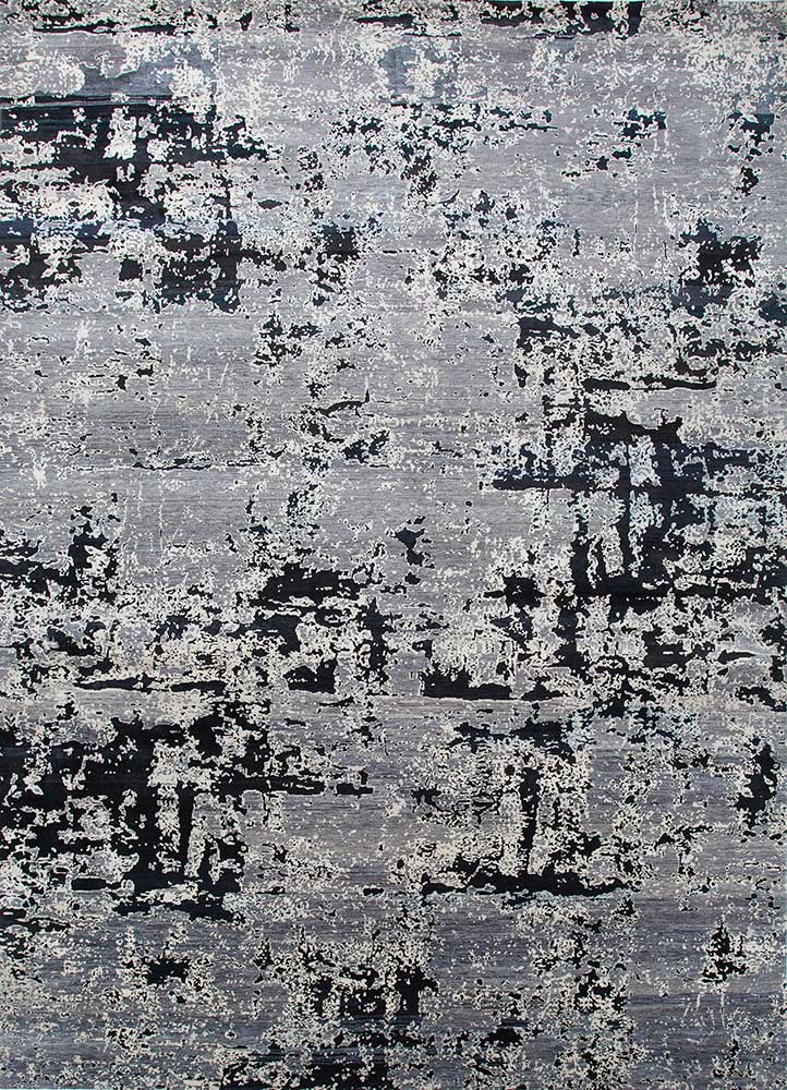 entropy grey and black wool and silk hand knotted Rug - HeadShot