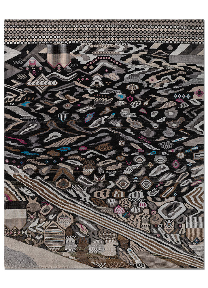 manchaha grey and black wool and bamboo silk hand knotted Rug - HeadShot