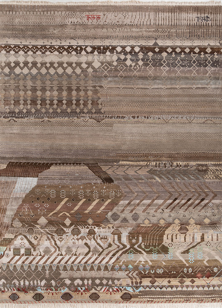 manchaha beige and brown wool and bamboo silk hand knotted Rug - HeadShot