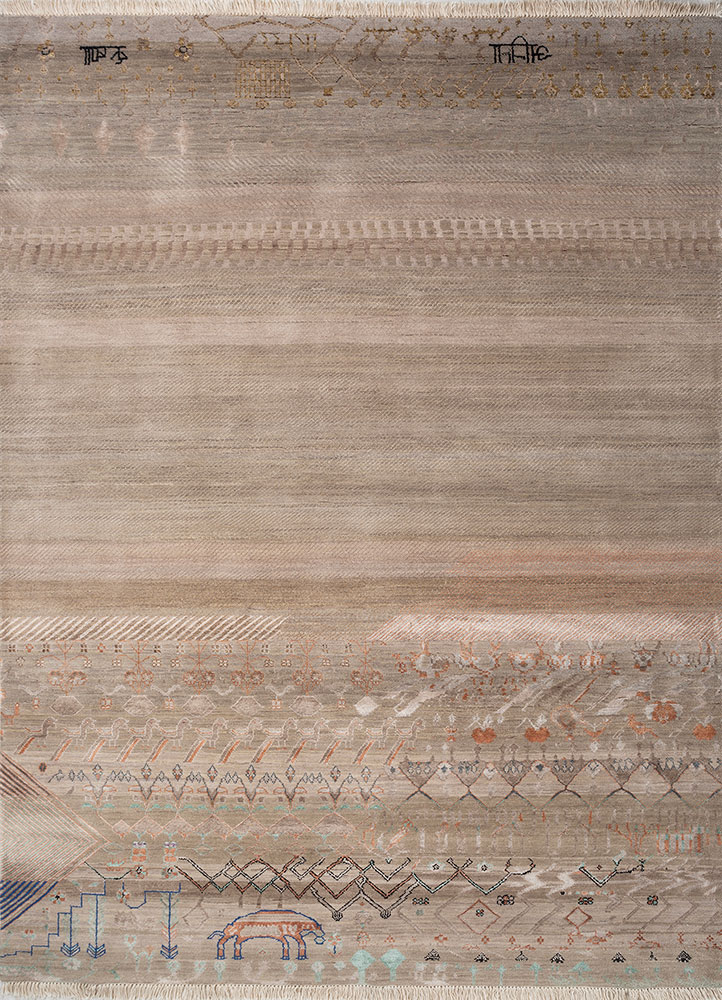 manchaha beige and brown wool and bamboo silk hand knotted Rug - HeadShot