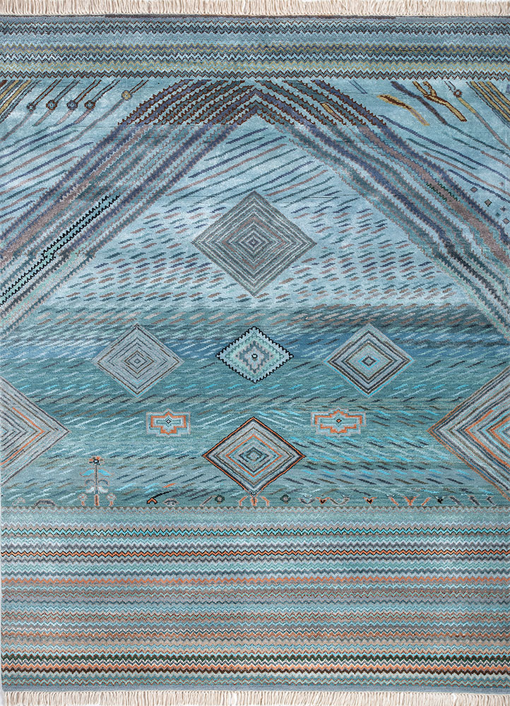 manchaha blue wool and bamboo silk hand knotted Rug - HeadShot