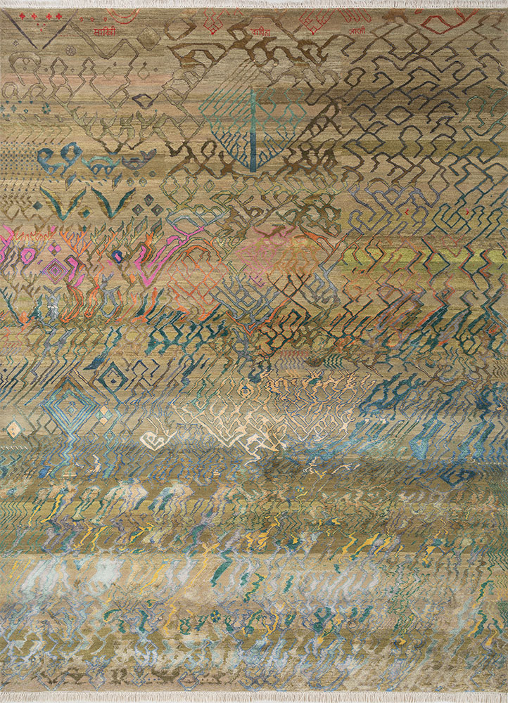 manchaha green wool and bamboo silk hand knotted Rug - HeadShot