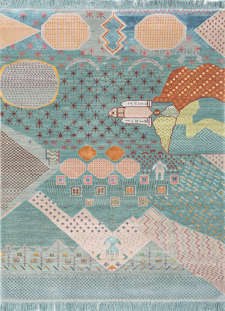 manchaha blue wool and bamboo silk hand knotted Rug - HeadShot