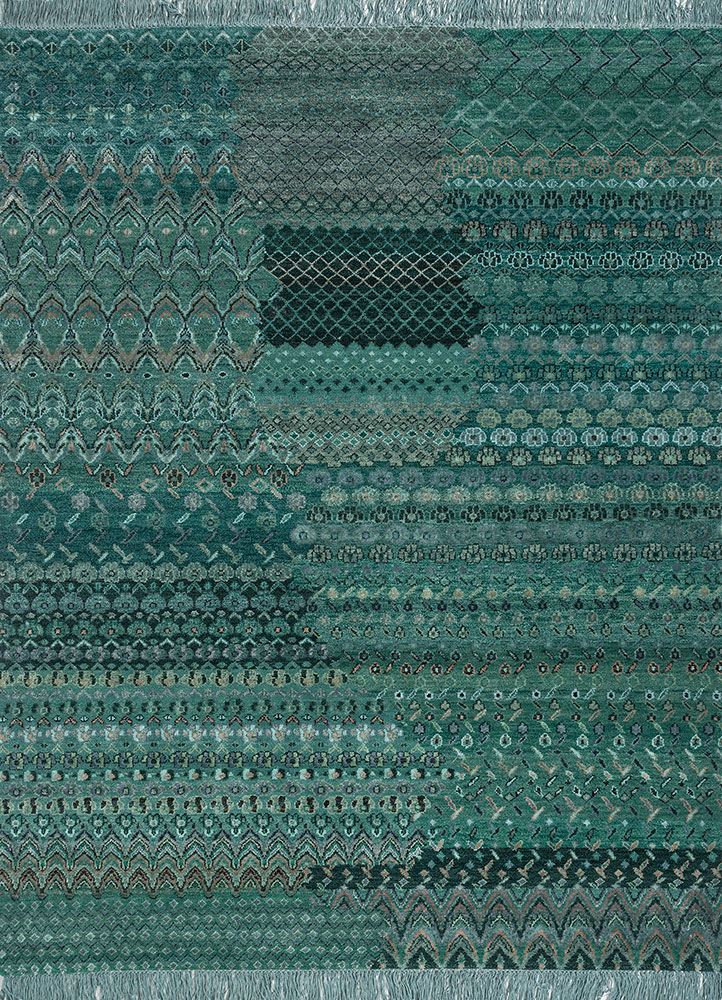 manchaha green wool and bamboo silk hand knotted Rug - HeadShot