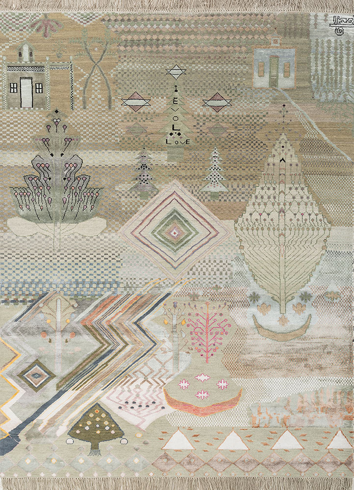 manchaha green wool and bamboo silk hand knotted Rug - HeadShot