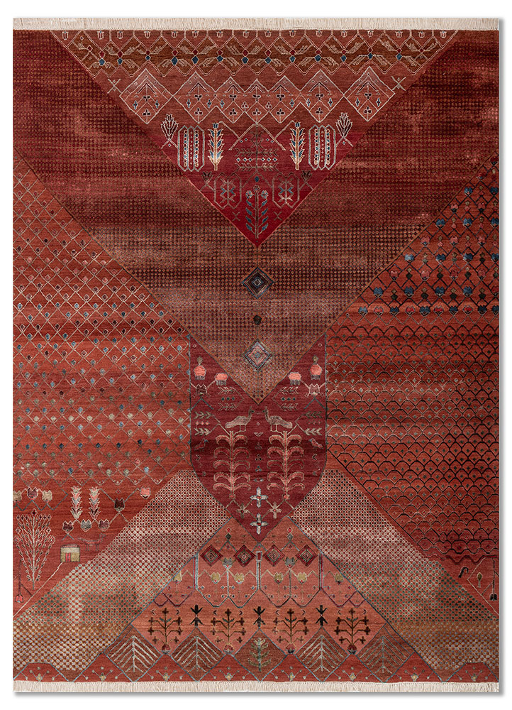 manchaha red and orange wool and bamboo silk hand knotted Rug - HeadShot