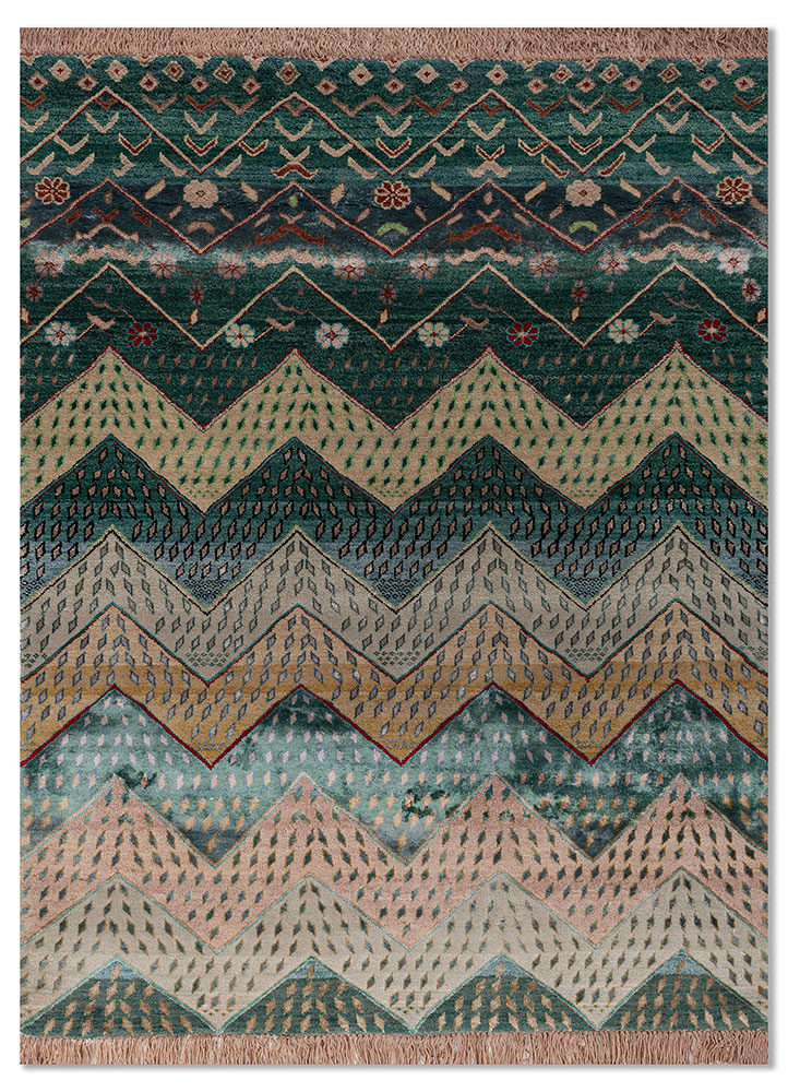 manchaha green wool and bamboo silk hand knotted Rug - HeadShot