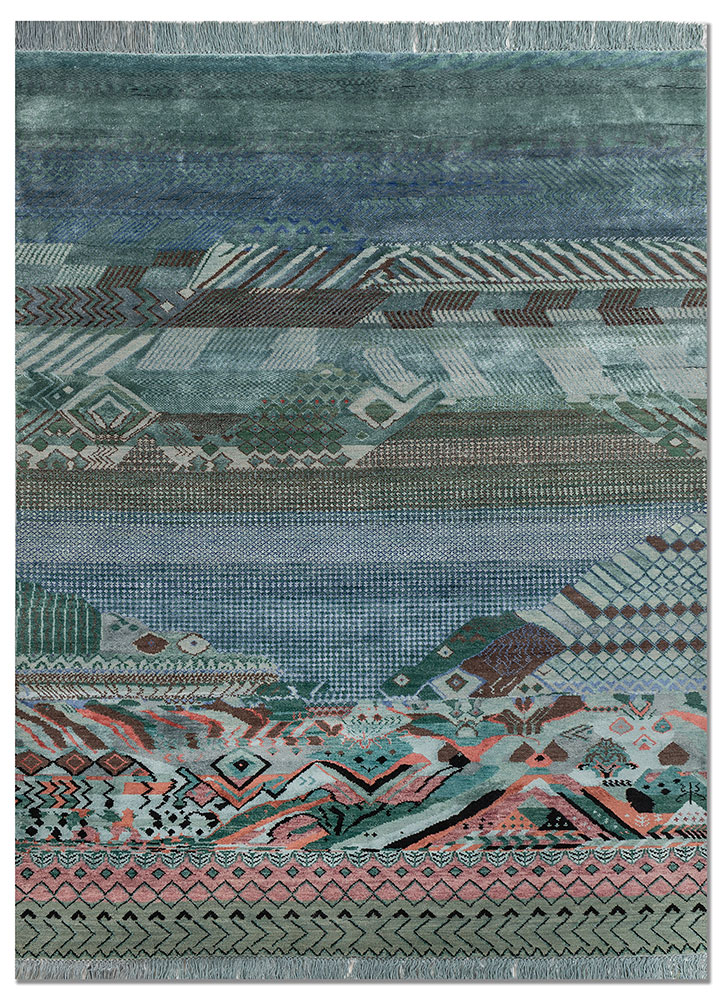 manchaha blue wool and bamboo silk hand knotted Rug - HeadShot