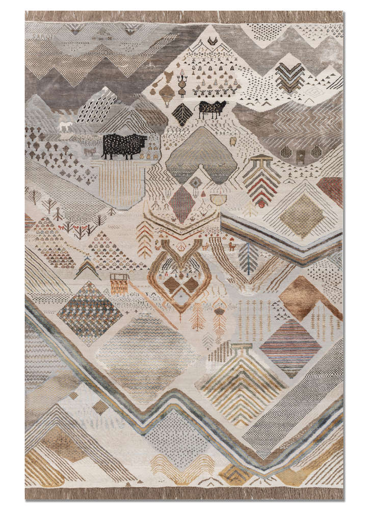 manchaha ivory wool and bamboo silk hand knotted Rug - HeadShot