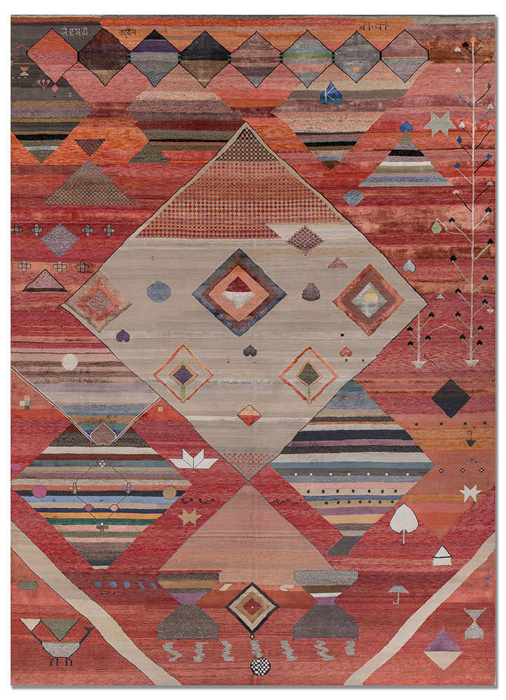 freedom manchaha red and orange wool and bamboo silk hand knotted Rug - HeadShot