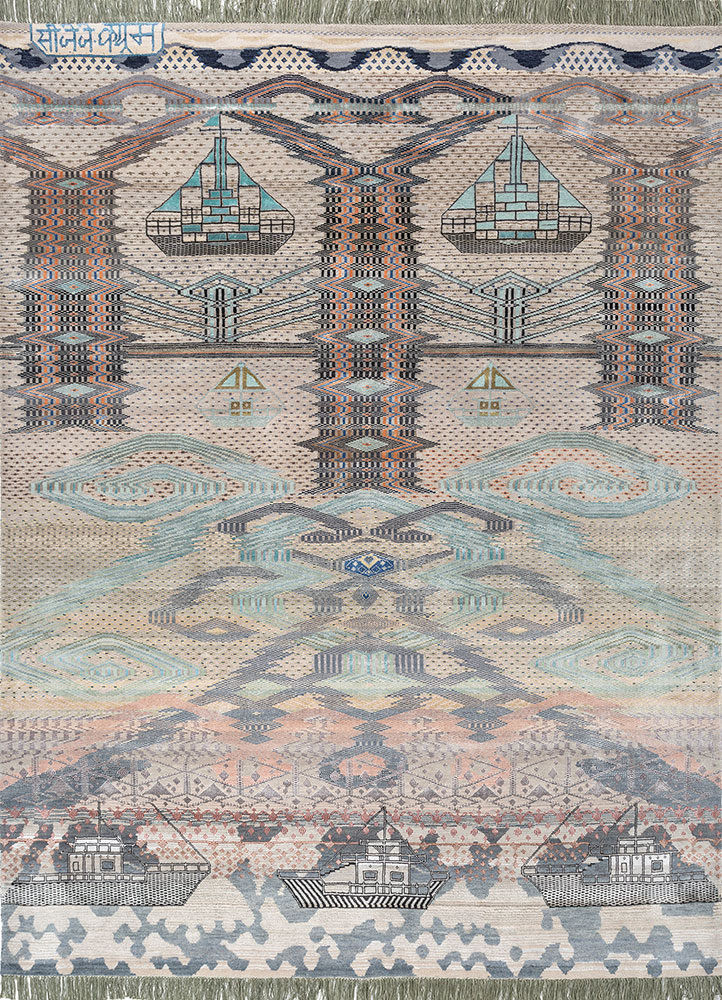 freedom manchaha grey and black wool and bamboo silk hand knotted Rug - HeadShot