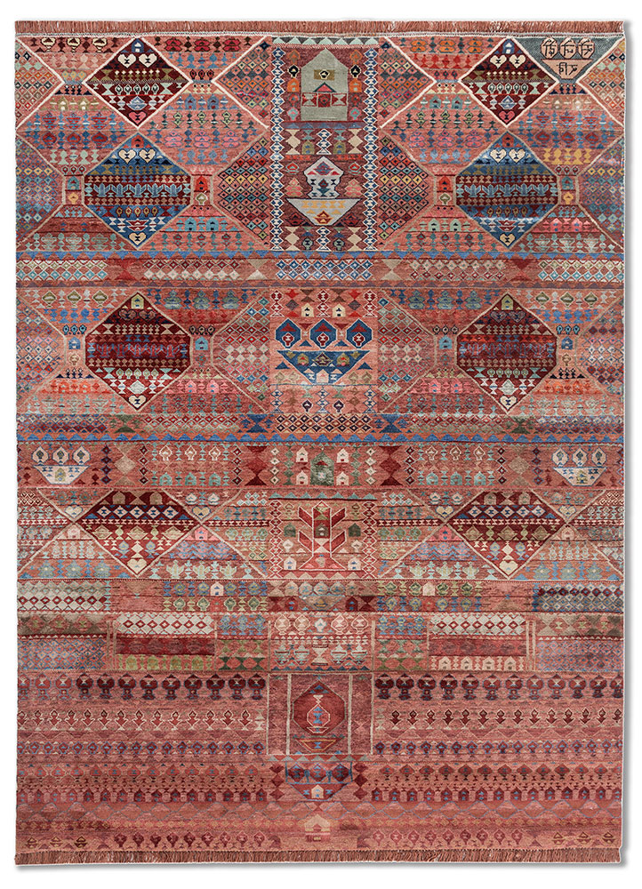 freedom manchaha red and orange wool and bamboo silk hand knotted Rug - HeadShot