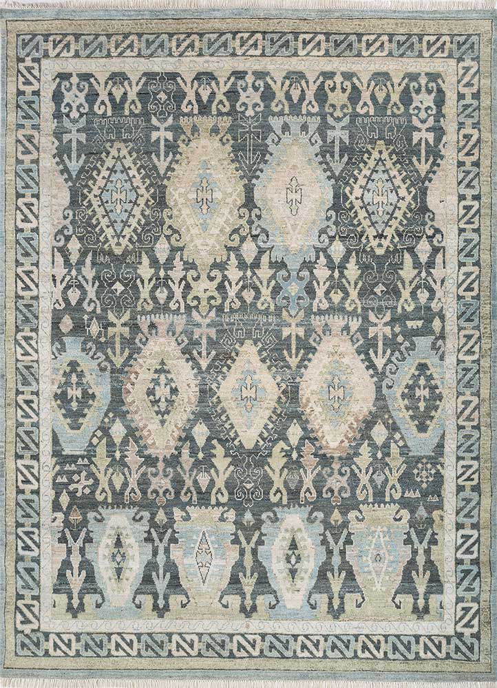 thyme blue afghan wool hand knotted Rug - HeadShot