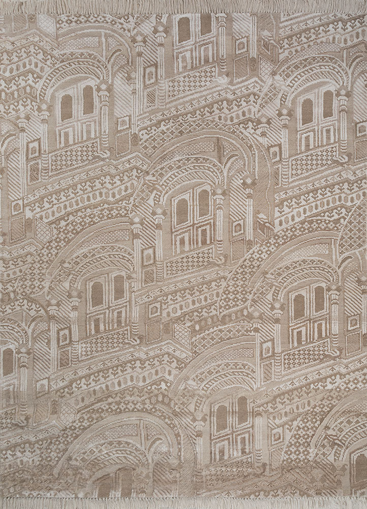 khidki ivory wool and bamboo silk hand knotted Rug - HeadShot