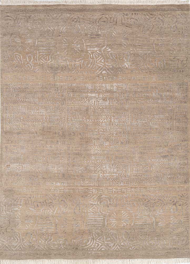 far east beige and brown wool and bamboo silk hand knotted Rug - HeadShot