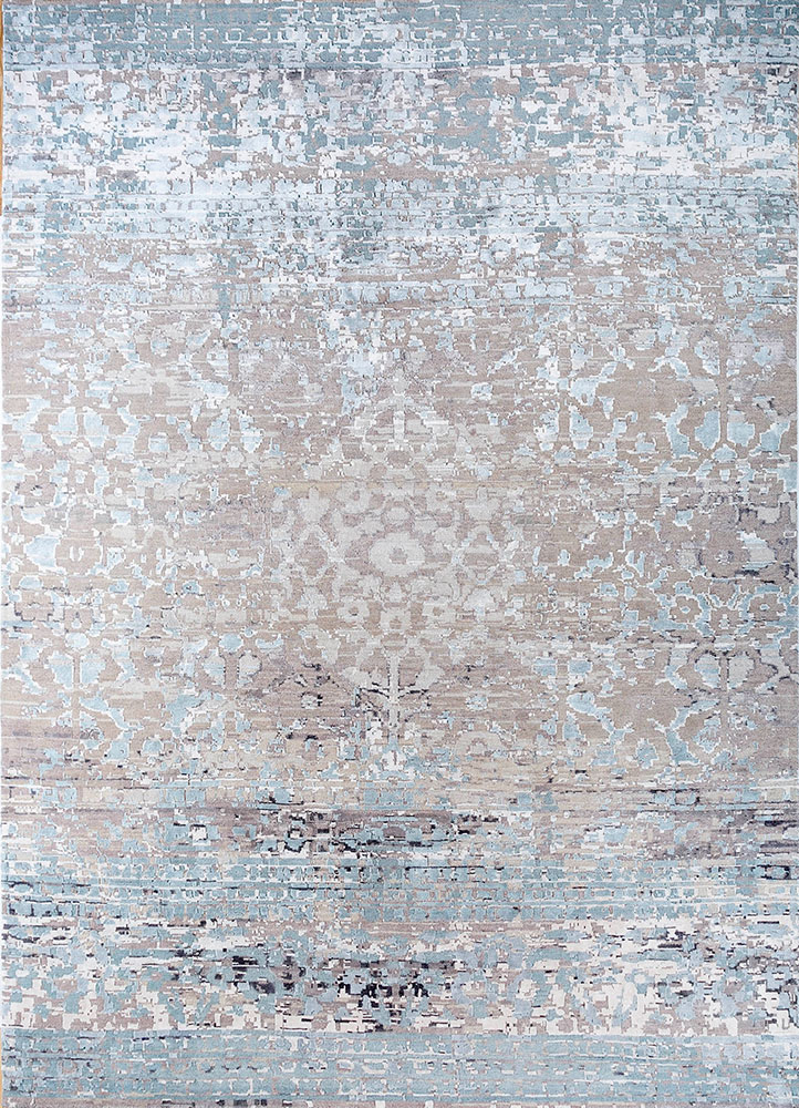 far east blue wool and bamboo silk hand knotted Rug - HeadShot