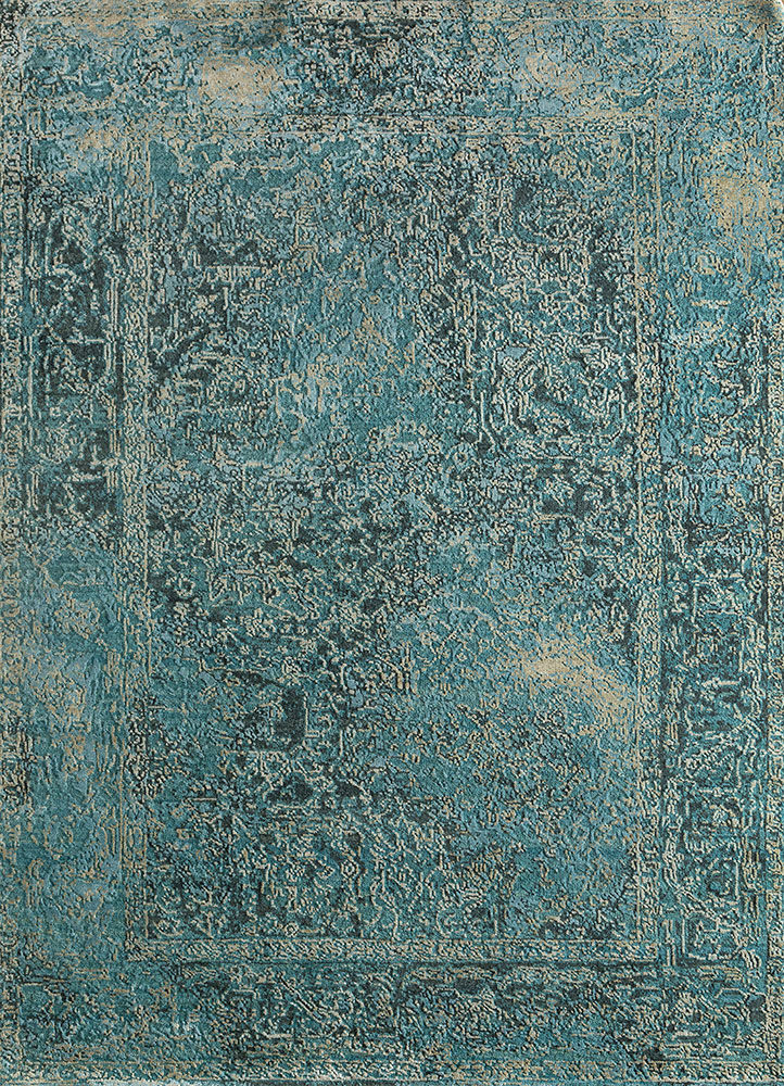 far east blue wool and silk hand knotted Rug - HeadShot