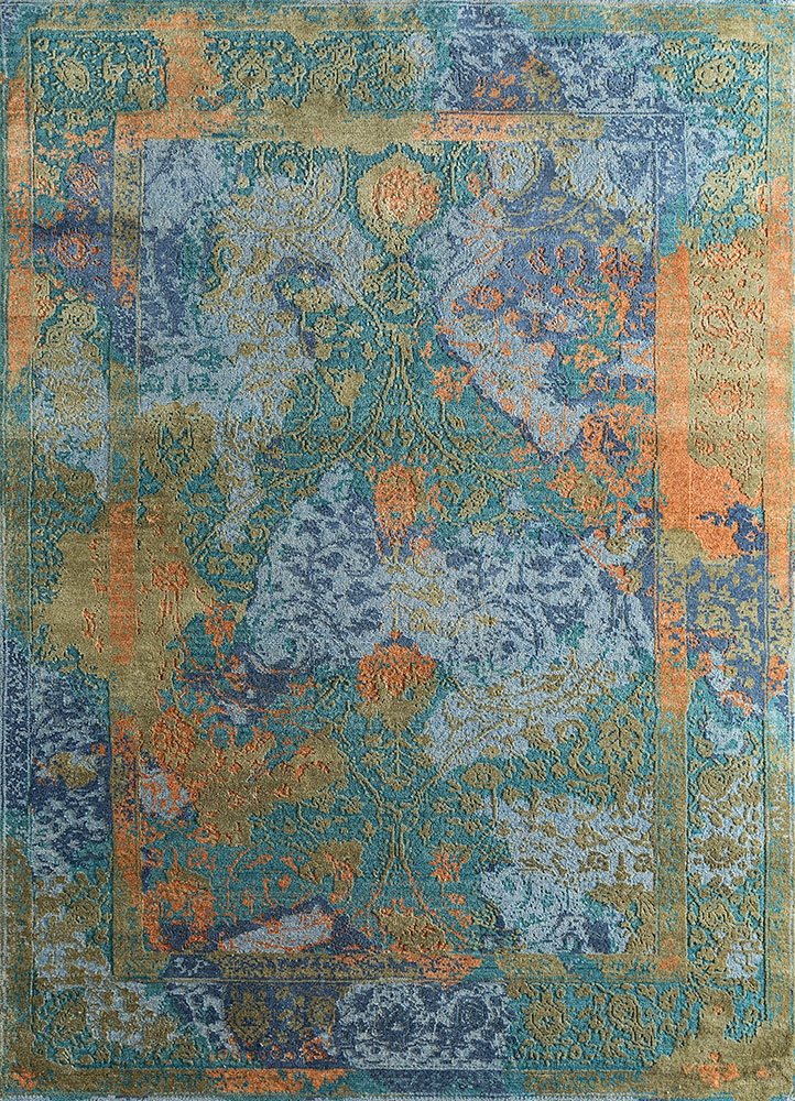 far east green wool and silk hand knotted Rug - HeadShot