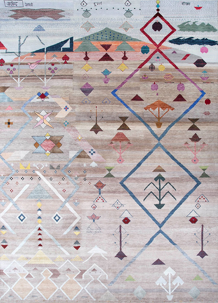 freedom manchaha beige and brown wool and silk hand knotted Rug - HeadShot