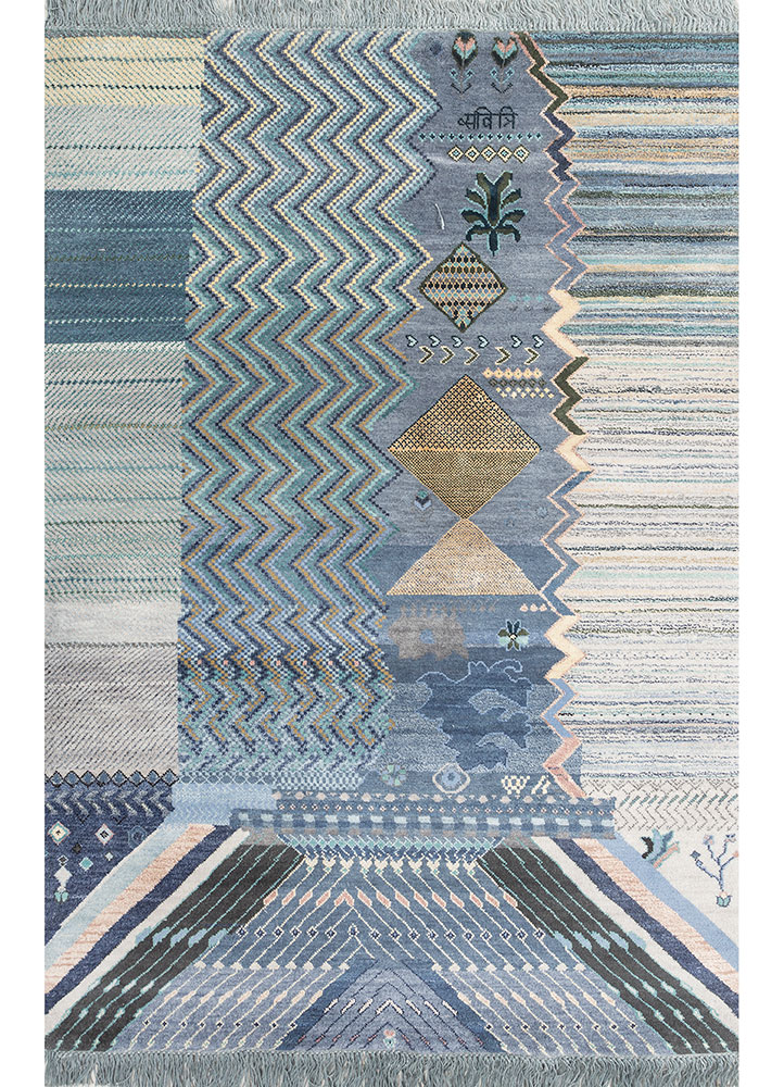 manchaha blue wool and silk hand knotted Rug - HeadShot