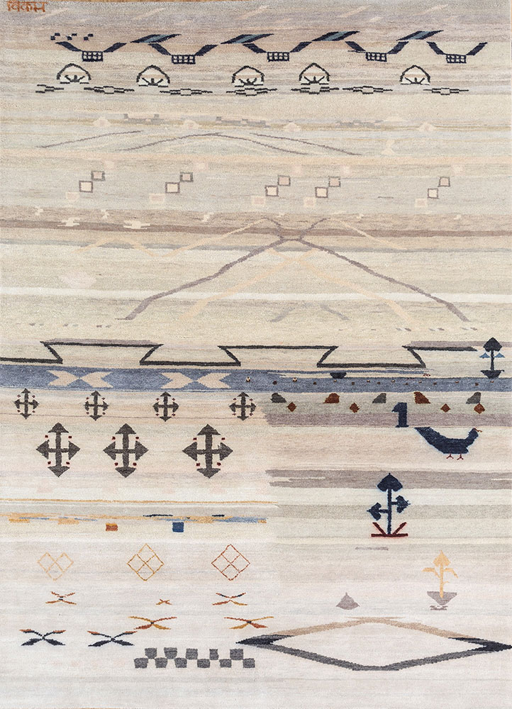 freedom manchaha ivory wool and silk hand knotted Rug - HeadShot