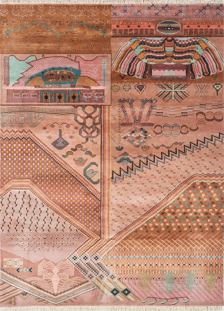 freedom manchaha red and orange wool and bamboo silk hand knotted Rug - HeadShot