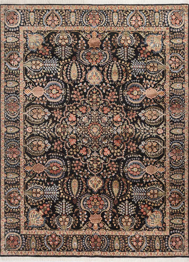 aurora grey and black wool and silk hand knotted Rug - HeadShot
