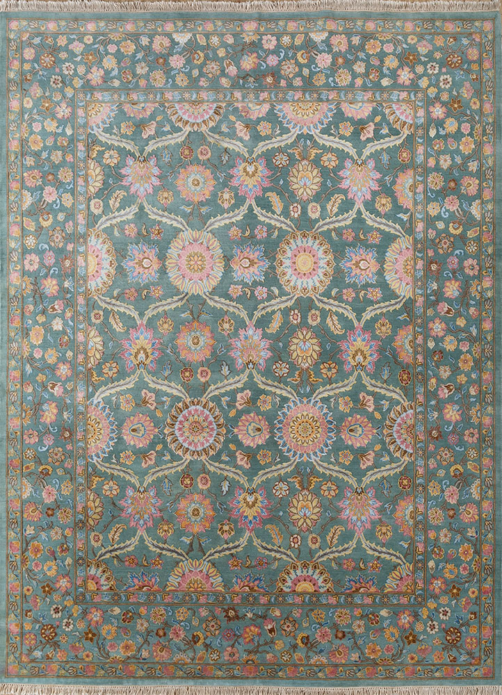 aurora blue wool and silk hand knotted Rug - HeadShot