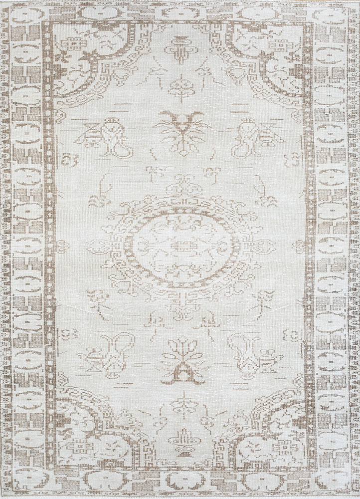 vintage beige and brown wool hand knotted Rug - HeadShot