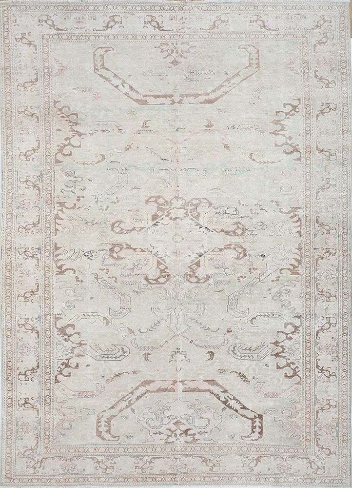 vintage beige and brown wool hand knotted Rug - HeadShot