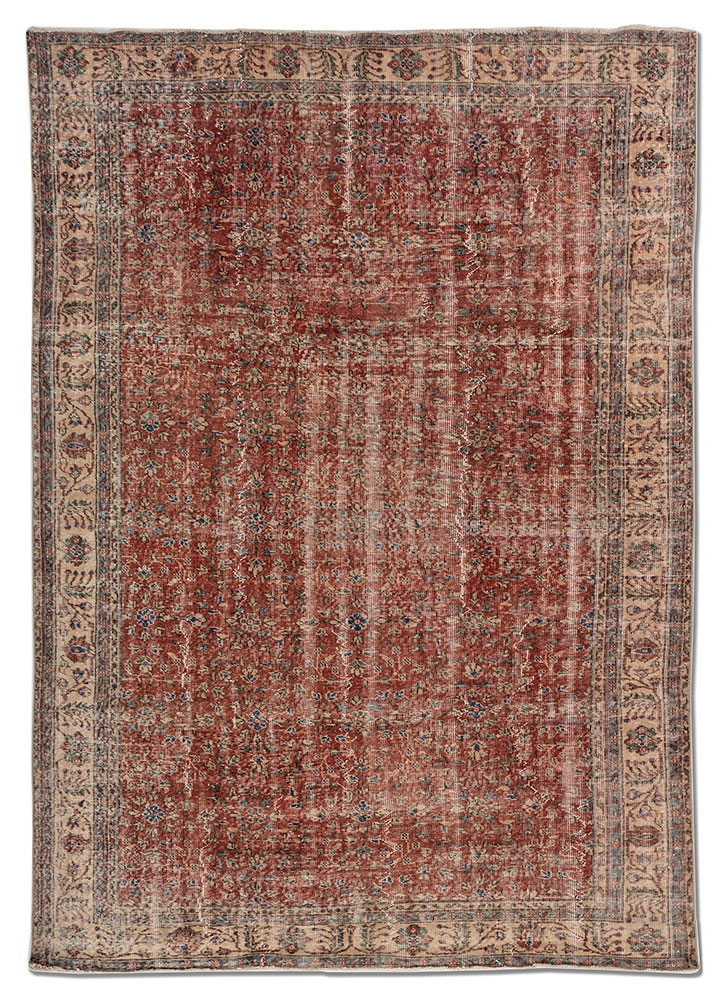 vintage red and orange wool hand knotted Rug - HeadShot